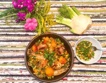 Pilons de poulet rôtis au sumac, fenouil et abricots