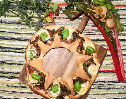Pizza soleil aux épinards, bettes et champignons
